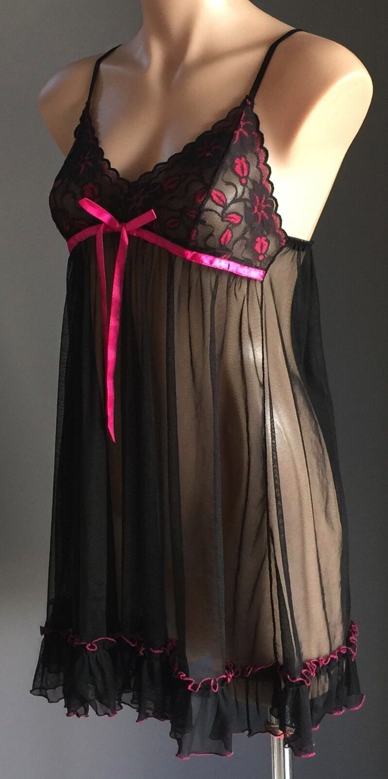 Babydoll Chemise Lace Net  Pink & Black Sexy Lingerie Nightie Sheer Size 10  NEW