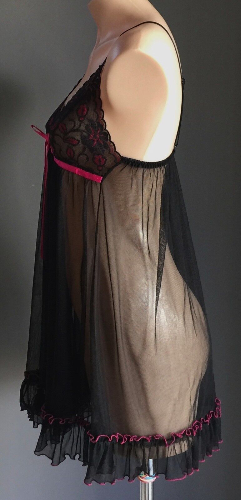 Babydoll Chemise Lace Net  Pink & Black Sexy Lingerie Nightie Sheer Size 10  NEW