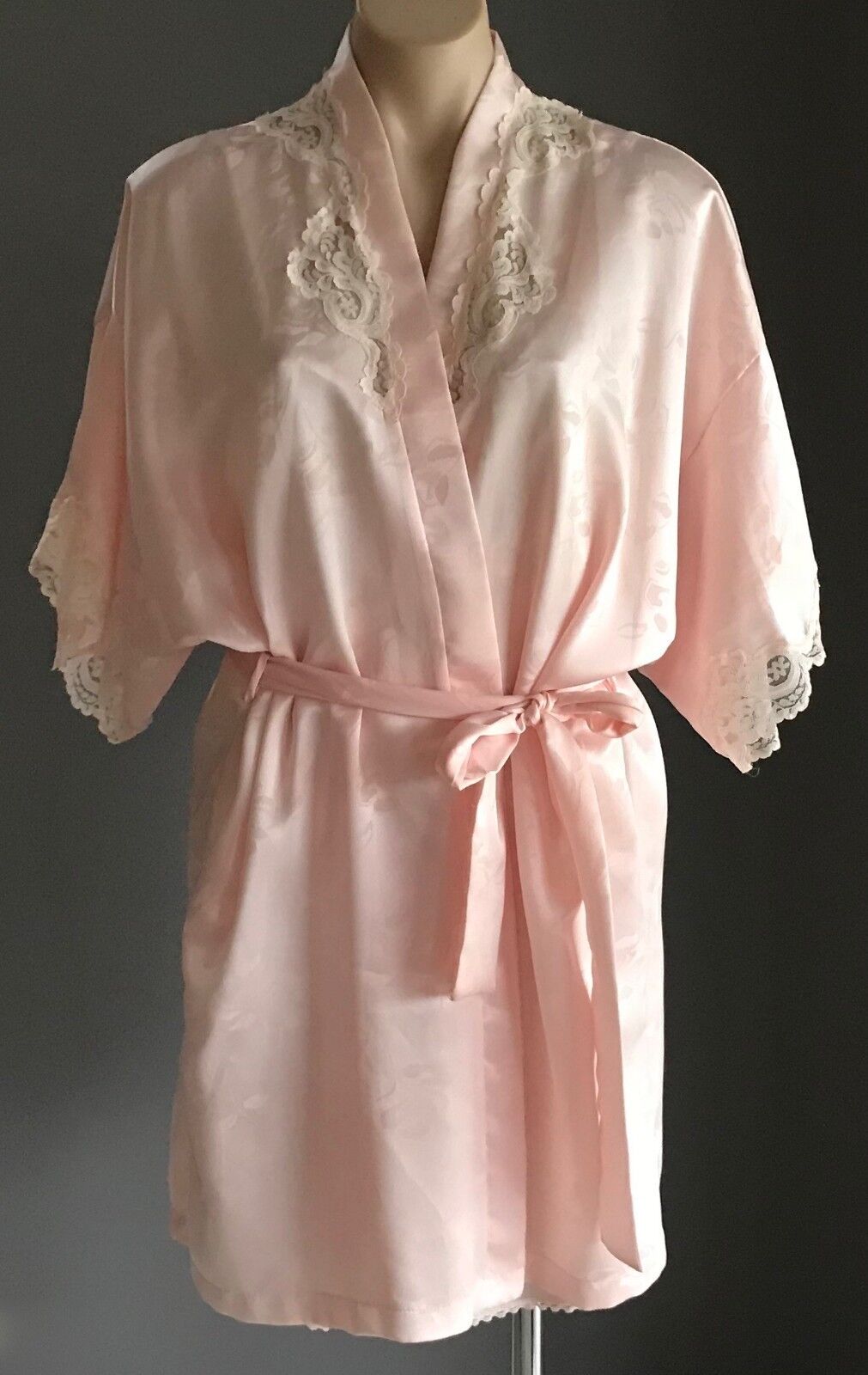 ELANOR LUCAS Silky Chemise & Bath Robe Set Peach Floral Set Sz 14 AU 12 VIntage