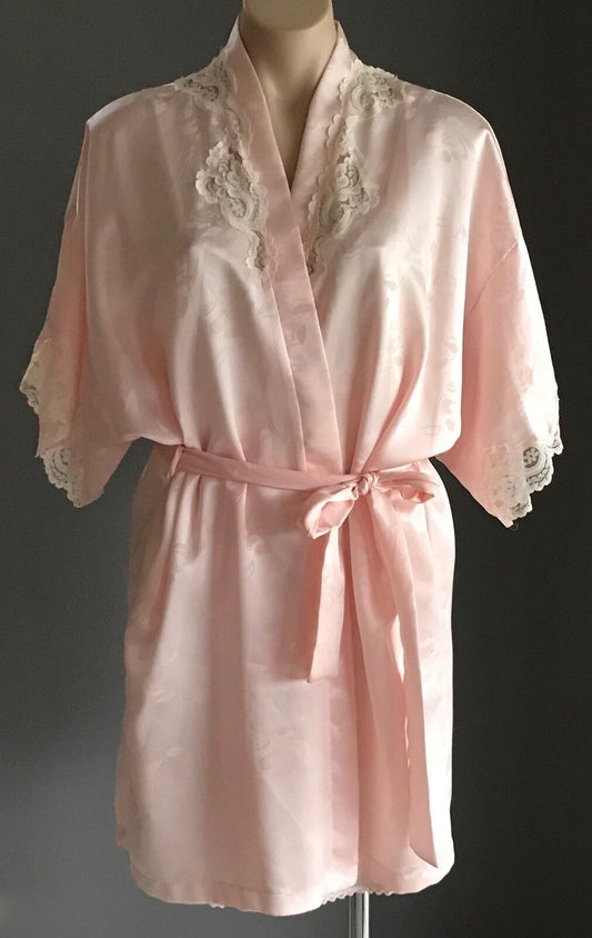 ELANOR LUCAS Silky Chemise & Bath Robe Set Peach Floral Set Sz 14 AU 12 VIntage
