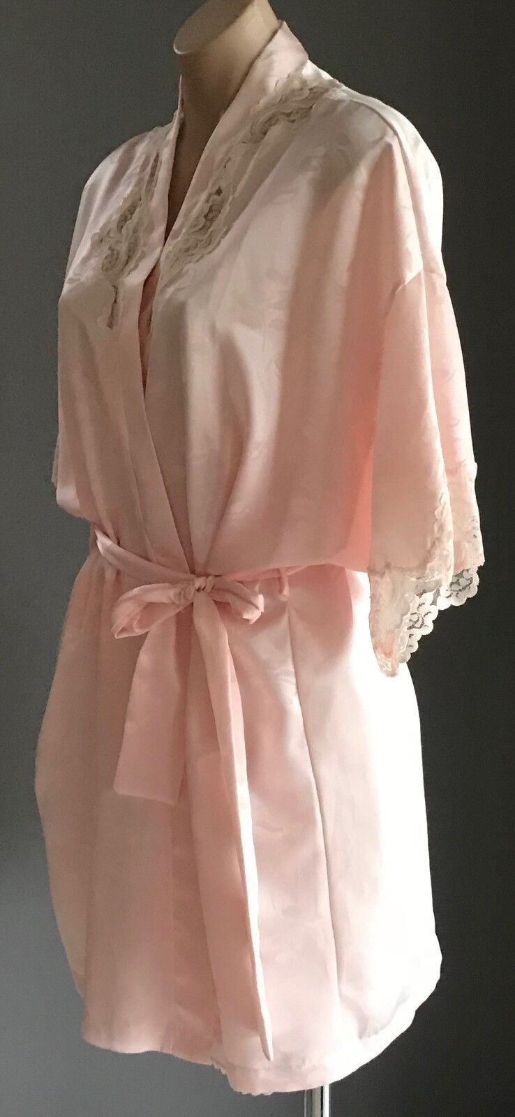 ELANOR LUCAS Silky Chemise & Bath Robe Set Peach Floral Set Sz 14 AU 12 VIntage