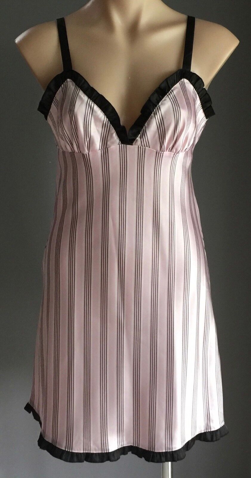 SHORT STORIES Chemise Nightie Pink White & Black Stripe Satin Silky Size 8 10