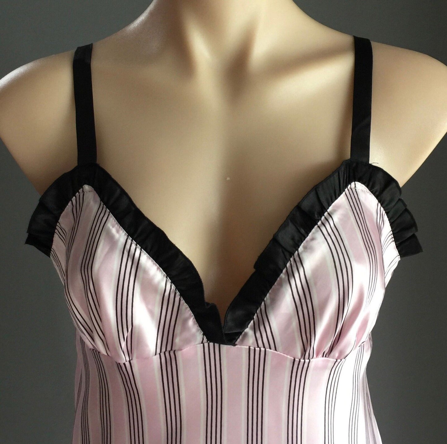 SHORT STORIES Chemise Nightie Pink White & Black Stripe Satin Silky Size 8 10