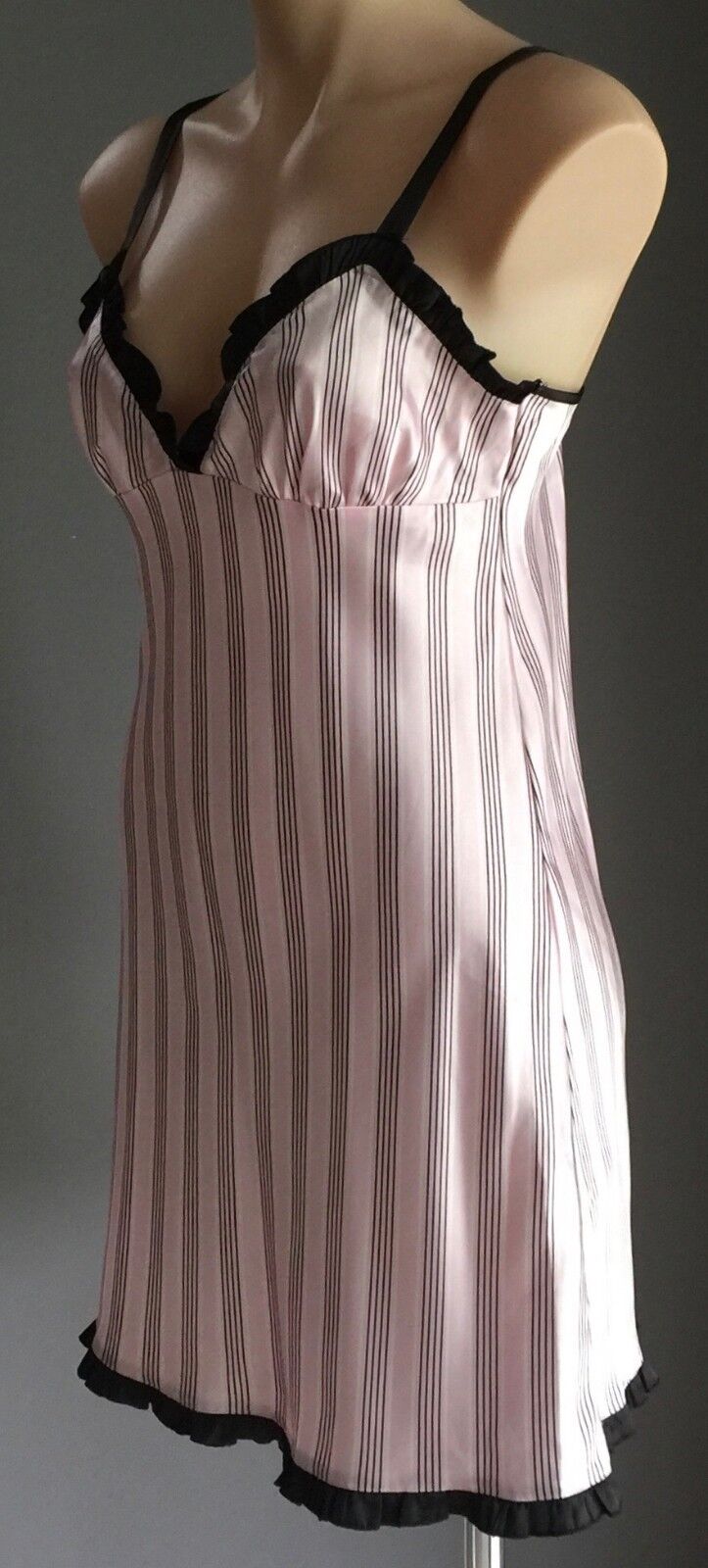 SHORT STORIES Chemise Nightie Pink White & Black Stripe Satin Silky Size 8 10