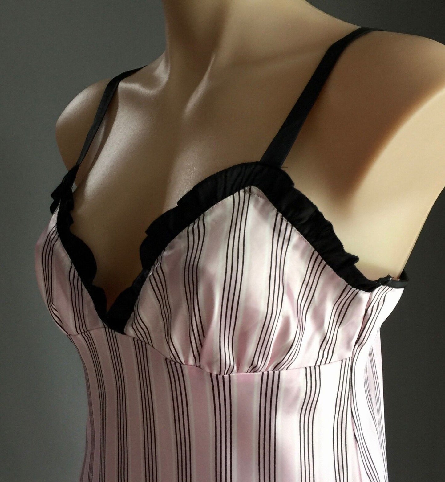 SHORT STORIES Chemise Nightie Pink White & Black Stripe Satin Silky Size 8 10