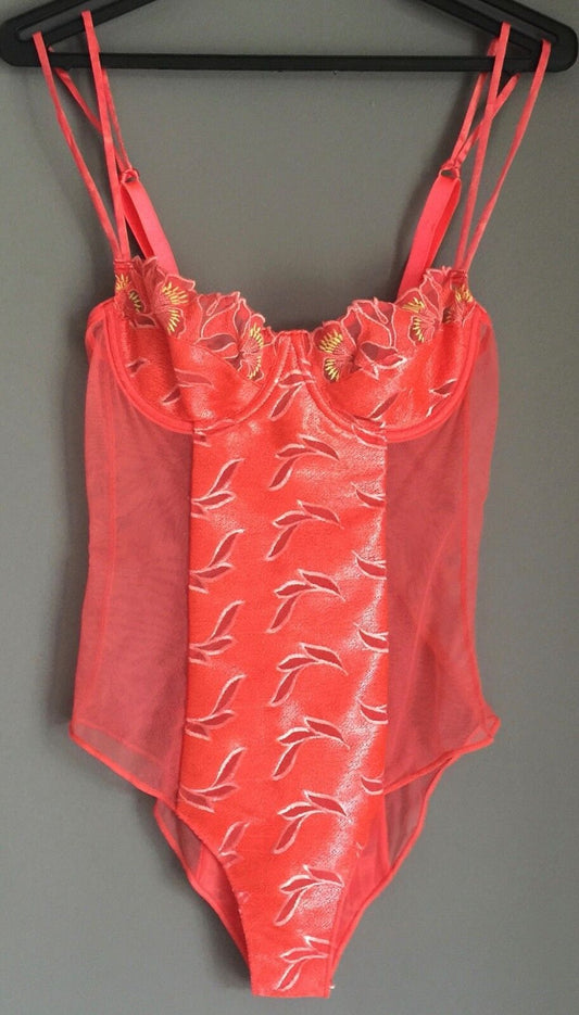 LOUISA BRACQ Size 32C "Lady Blue" Hot Coral Teddy Body Suit French Lingerie NEW