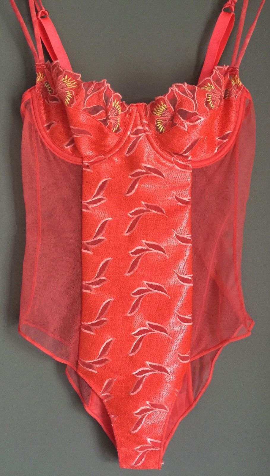 LOUISA BRACQ Size 32C "Lady Blue" Hot Coral Teddy Body Suit French Lingerie NEW