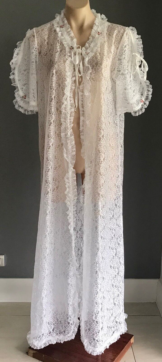 Vintage IRENE LINGERIE White Dressing Gown Lace Short Tie Sleeves Flowers Sz 14