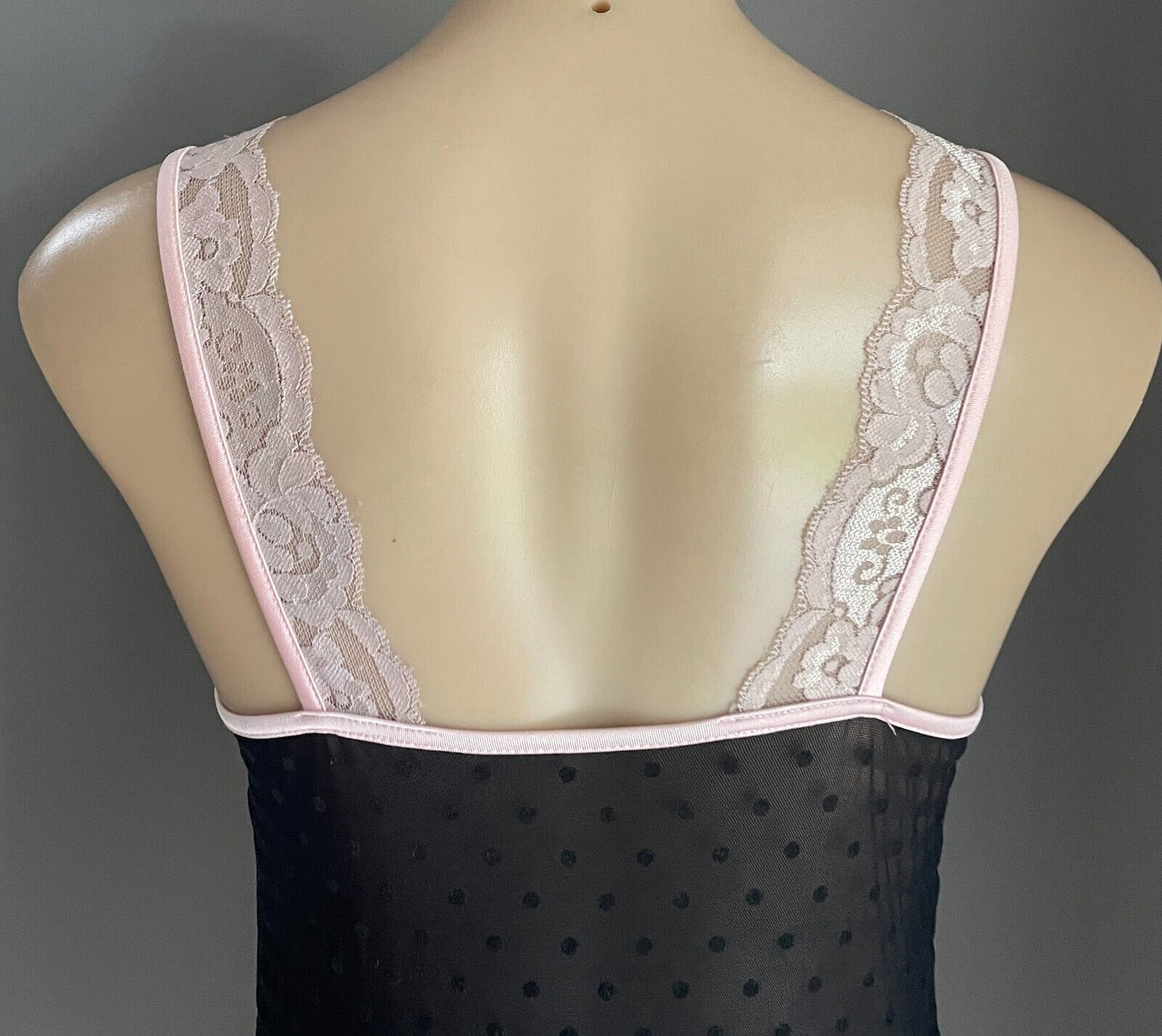 Chemise Black Mesh Net Dobby Semi Sheer Fabric w Pink Lace Straps Size 10 NEW