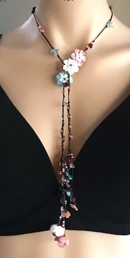 Necklace Flower Bead Trim Pink Blue & White Leather Cord Choker - Unique