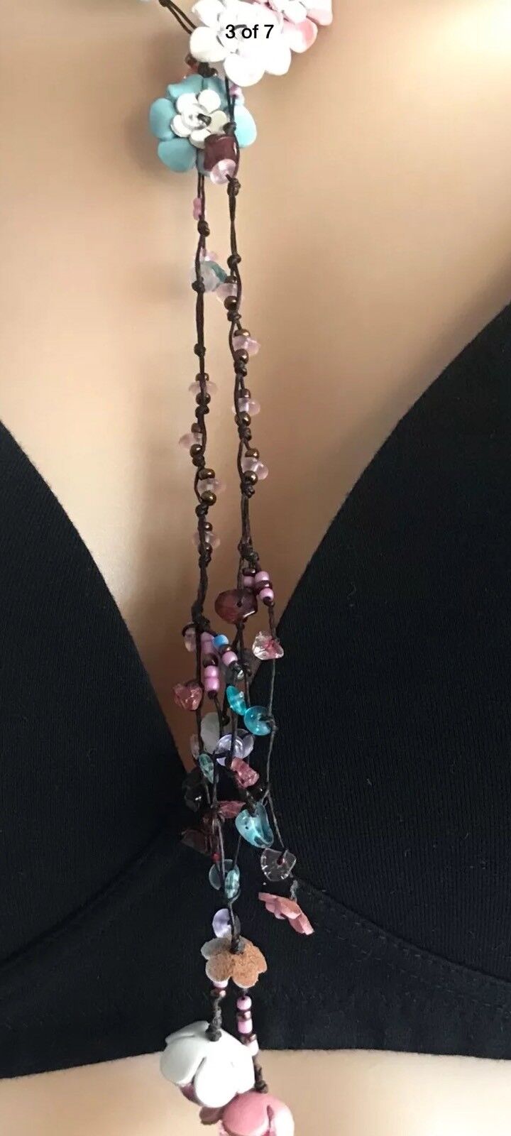 Necklace Flower Bead Trim Pink Blue & White Leather Cord Choker - Unique