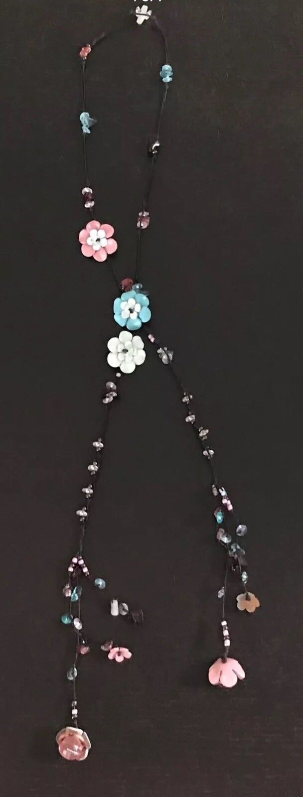 Necklace Flower Bead Trim Pink Blue & White Leather Cord Choker - Unique