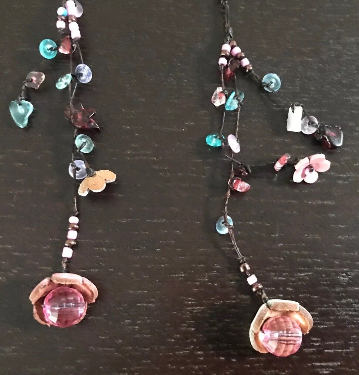 Necklace Flower Bead Trim Pink Blue & White Leather Cord Choker - Unique