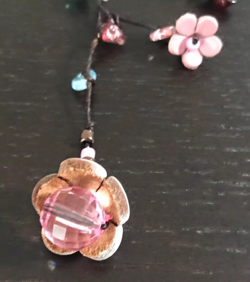 Necklace Flower Bead Trim Pink Blue & White Leather Cord Choker - Unique