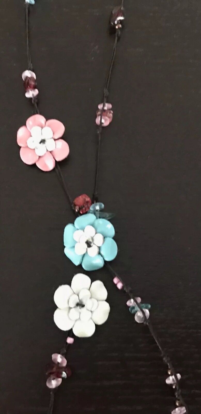 Necklace Flower Bead Trim Pink Blue & White Leather Cord Choker - Unique