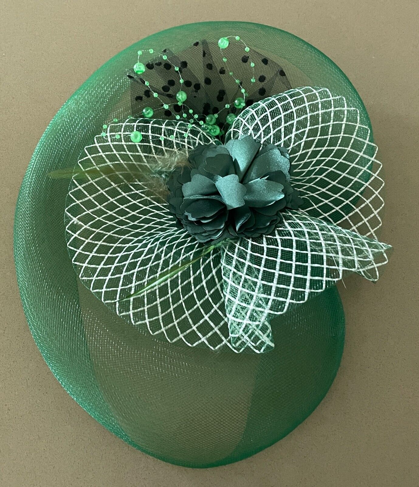 FASCINATOR Green White Black Mesh With Feather Bead Trim Races NO CLIP OR COMB