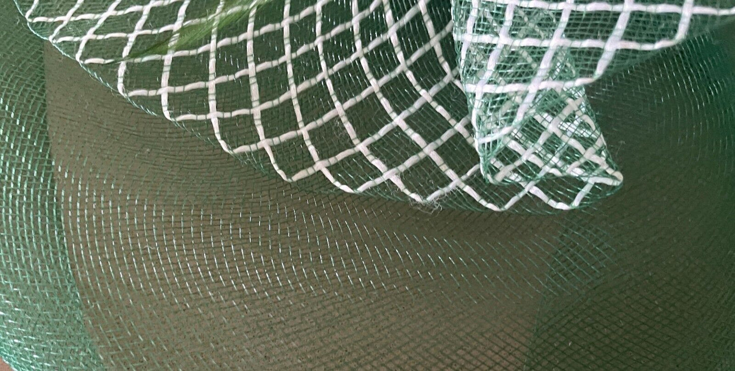 FASCINATOR Green White Black Mesh With Feather Bead Trim Races NO CLIP OR COMB