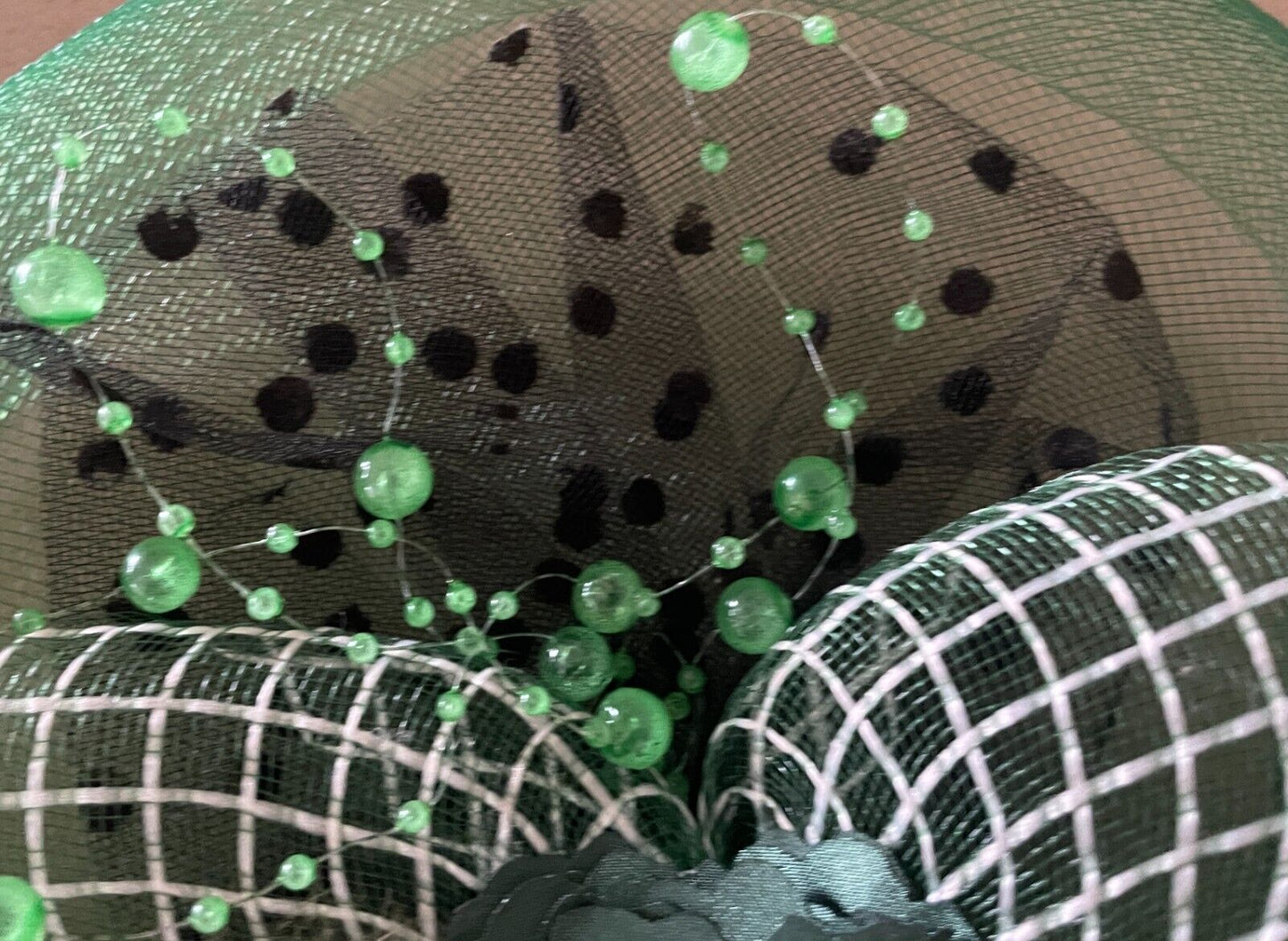 FASCINATOR Green White Black Mesh With Feather Bead Trim Races NO CLIP OR COMB