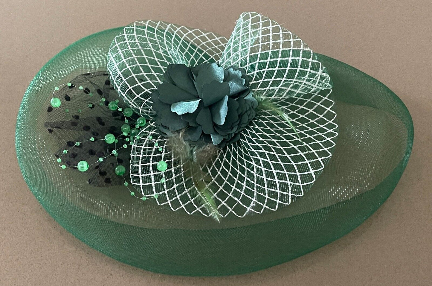 FASCINATOR Green White Black Mesh With Feather Bead Trim Races NO CLIP OR COMB