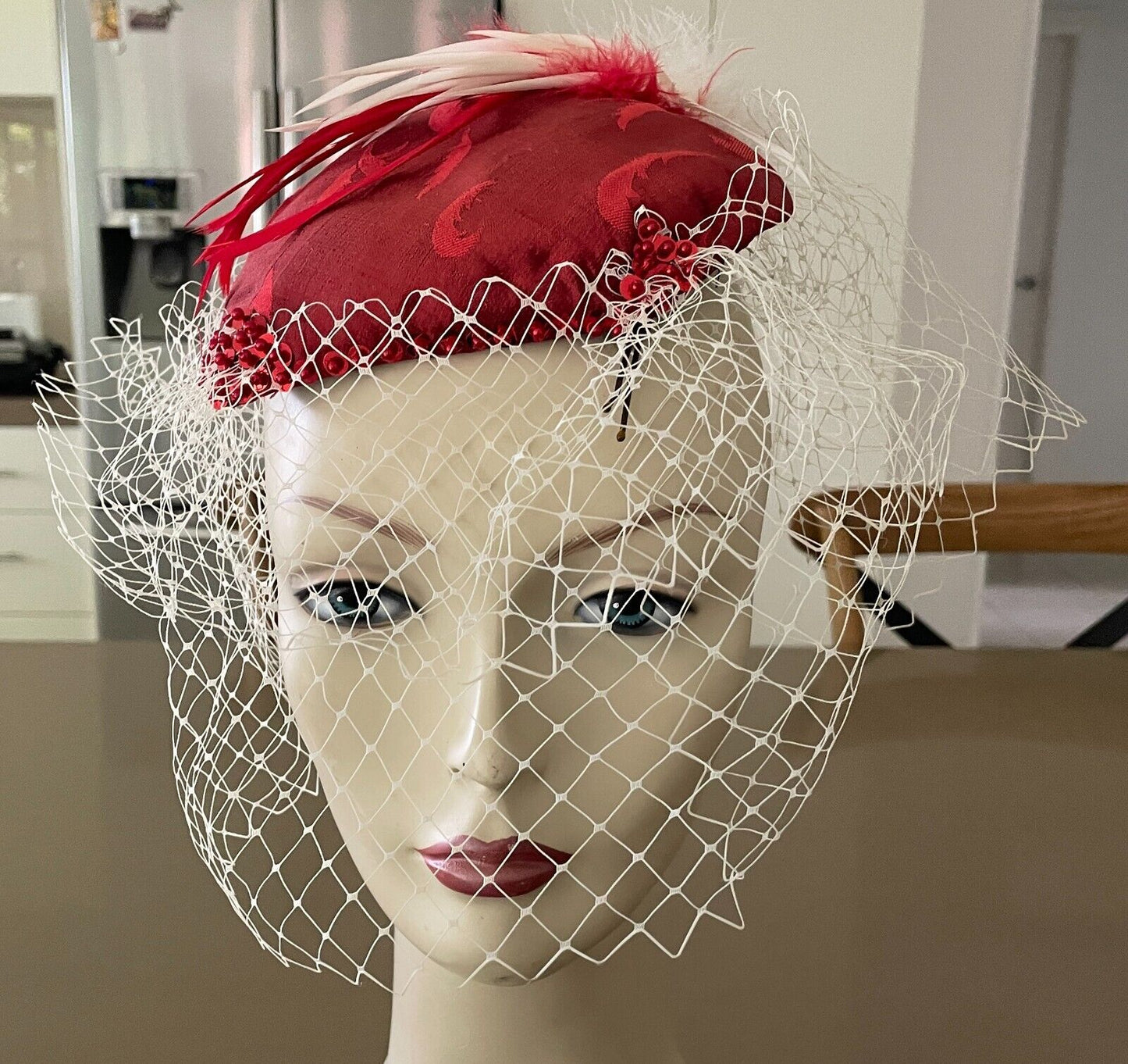 FASCINATOR Red and White Feather Tulle & Bead Sequin Trim Races Party Cocktails