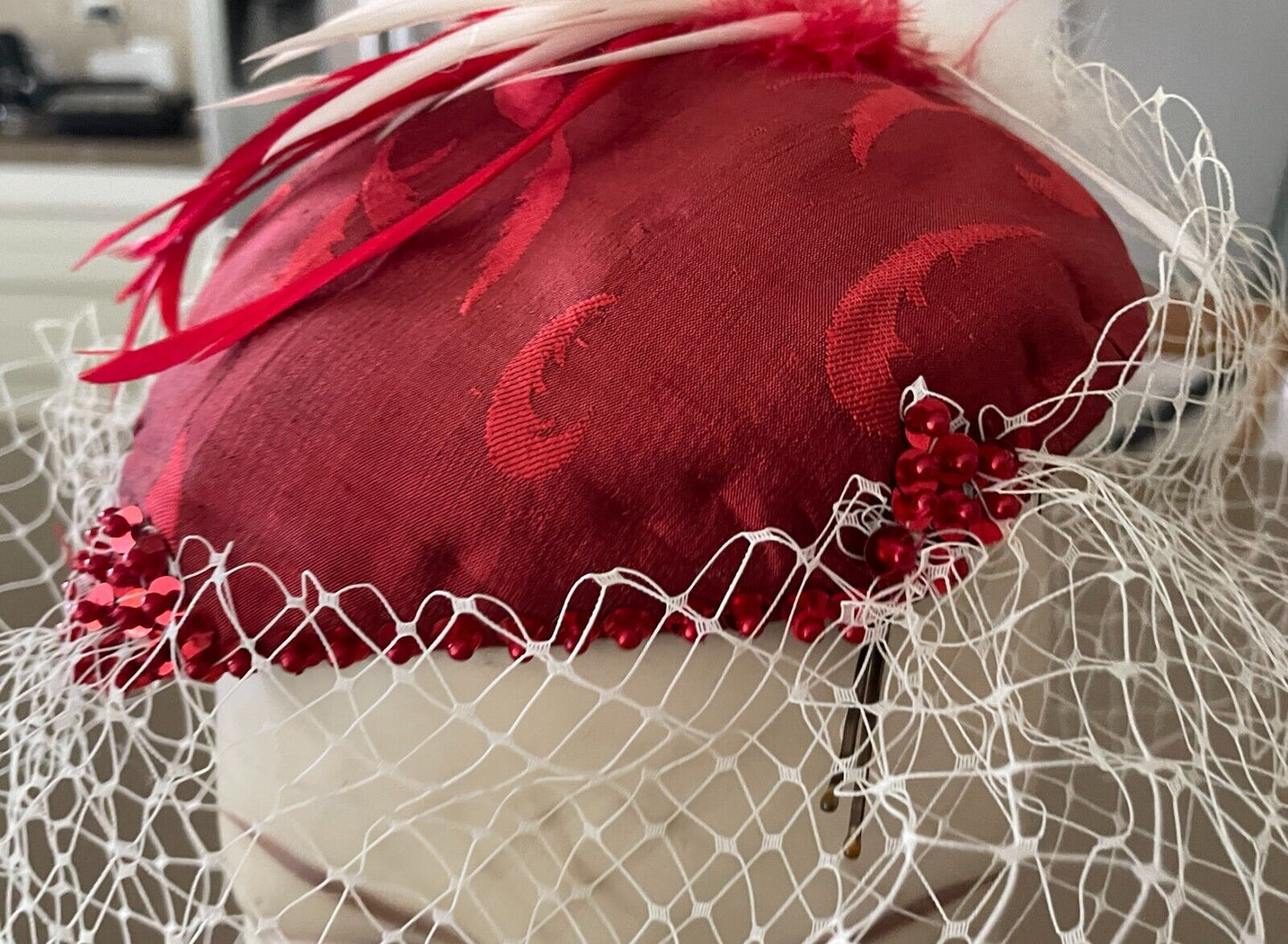 FASCINATOR Red and White Feather Tulle & Bead Sequin Trim Races Party Cocktails