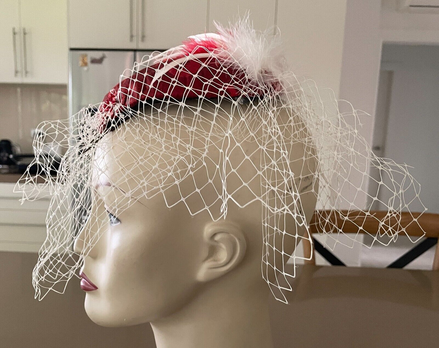 FASCINATOR Red and White Feather Tulle & Bead Sequin Trim Races Party Cocktails