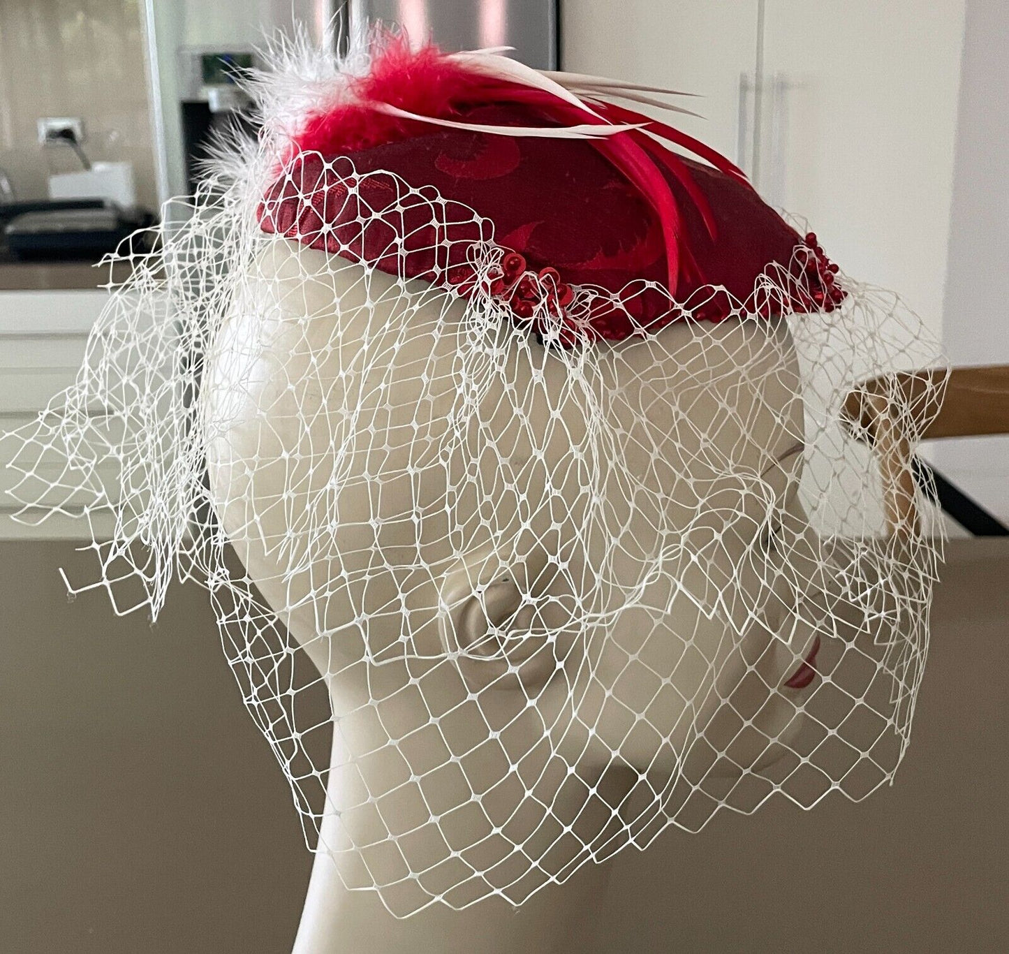 FASCINATOR Red and White Feather Tulle & Bead Sequin Trim Races Party Cocktails