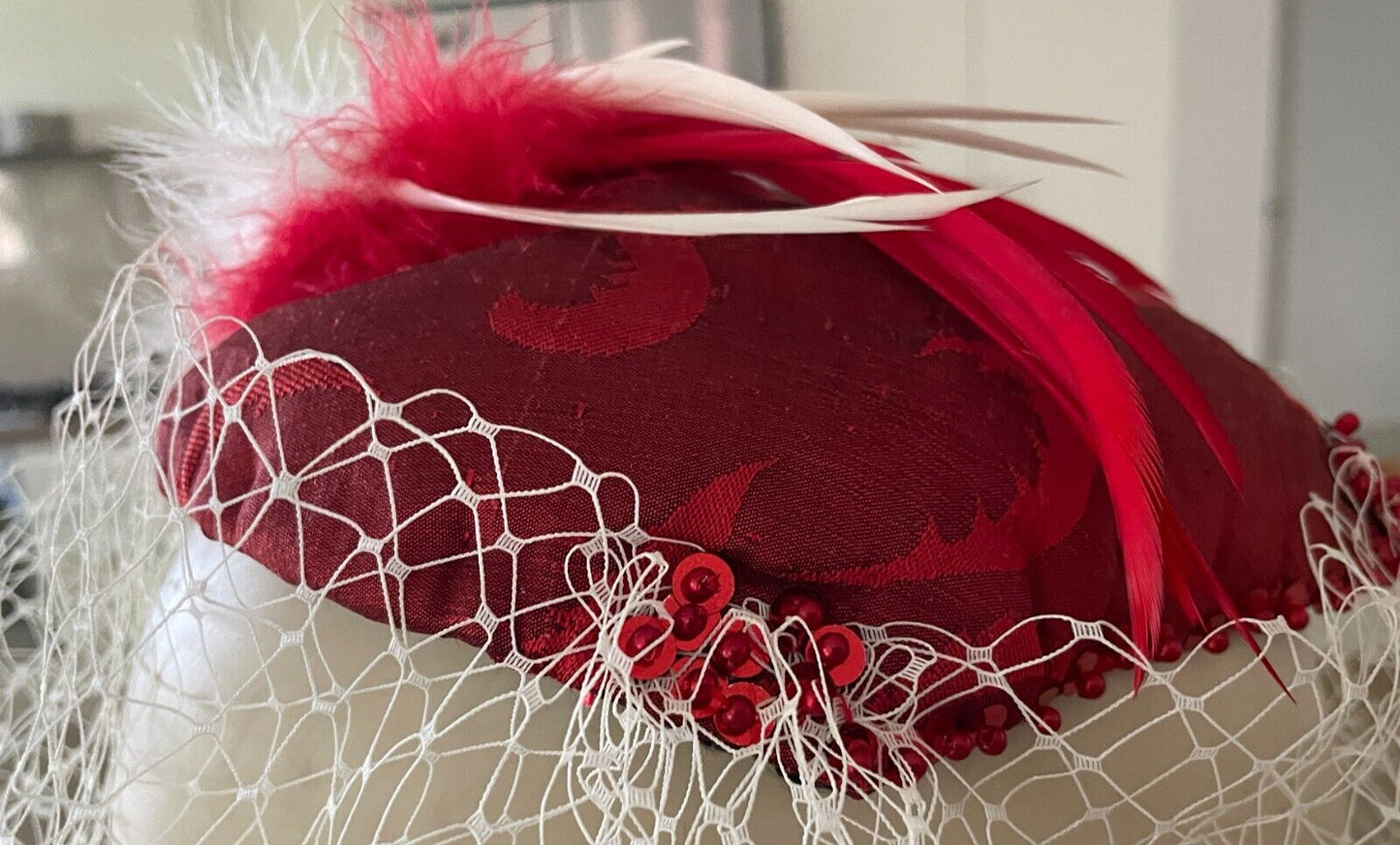 FASCINATOR Red and White Feather Tulle & Bead Sequin Trim Races Party Cocktails