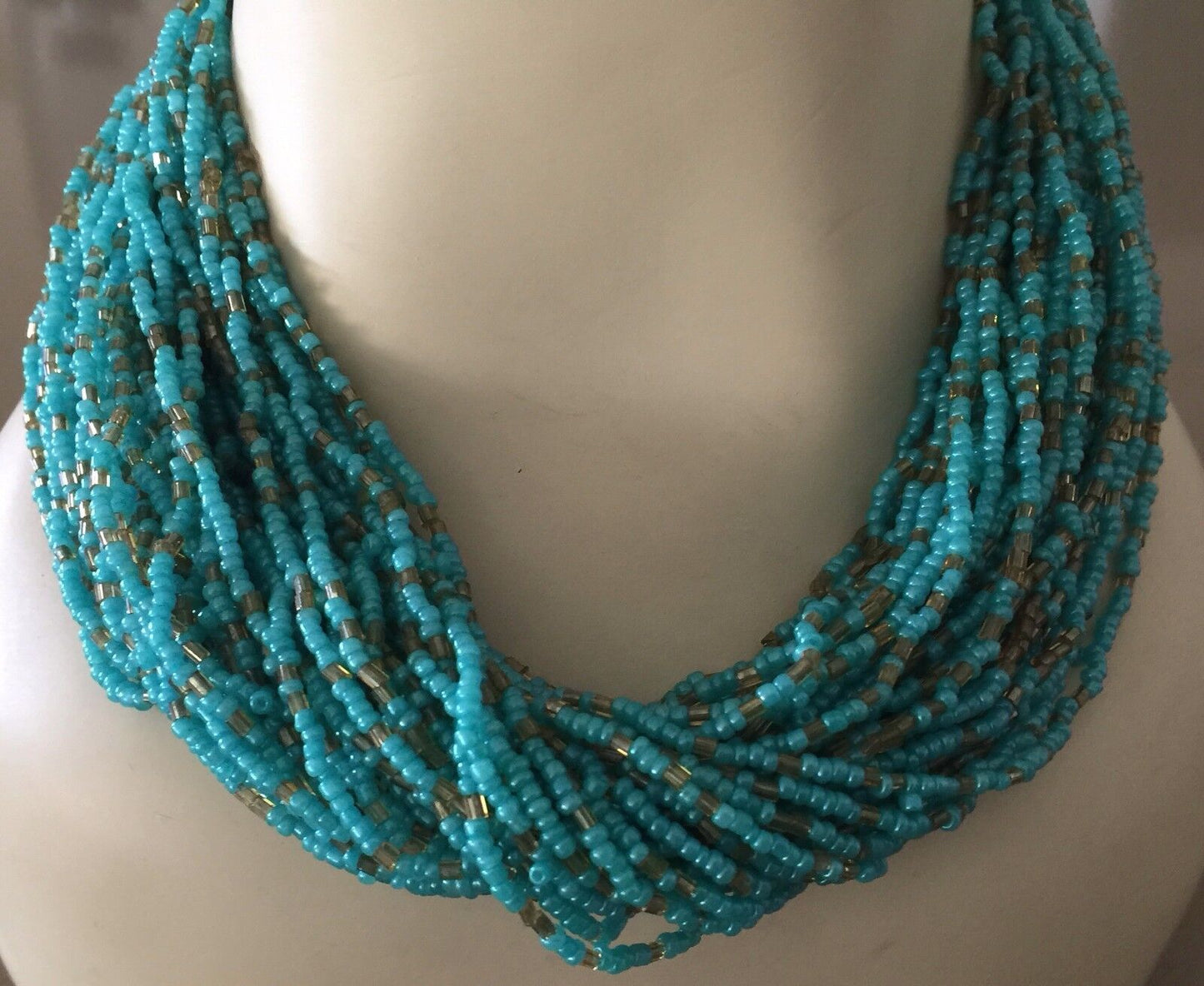 Vintage Necklace Turquoise & Gold Glass Bead Adjustable Statement Collar NEW