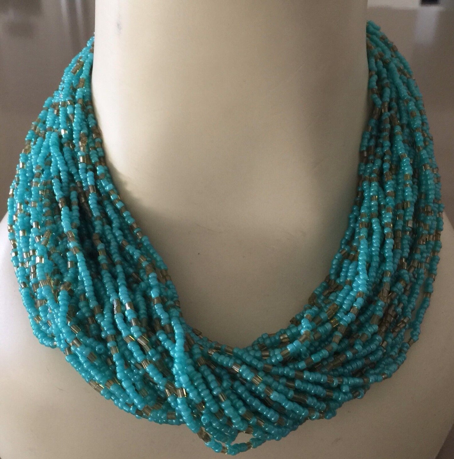 Vintage Necklace Turquoise & Gold Glass Bead Adjustable Statement Collar NEW