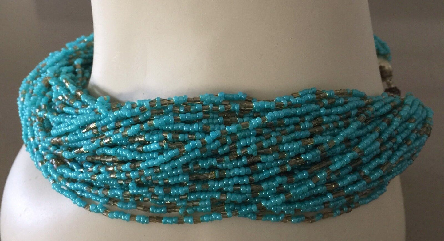 Vintage Necklace Turquoise & Gold Glass Bead Adjustable Statement Collar NEW
