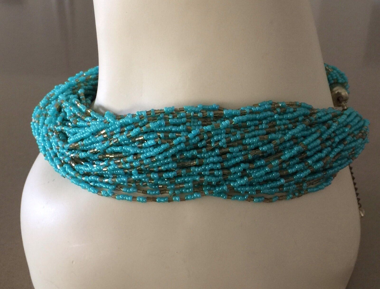 Vintage Necklace Turquoise & Gold Glass Bead Adjustable Statement Collar NEW