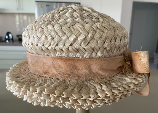 Vintage FARMERS SYDNEY Natural Raffia Woven Hat w Floral Trim Ladies Size 50cm