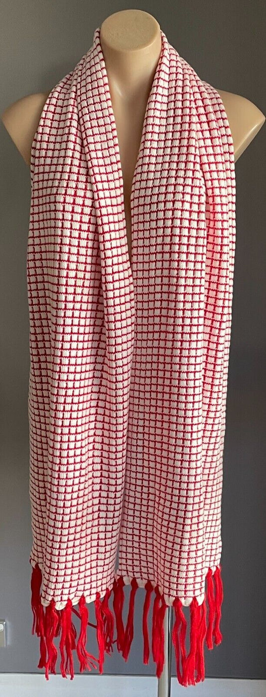 FRINGED Knit Scarf RECTANGLE Red & White Square Shawl Neck Scarf with Fringe