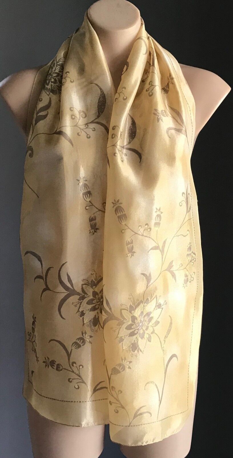 Vintage Semi Sheer Scarf Sandy Yellow Gold Taupe Floral Print Neck Wrap Shawl