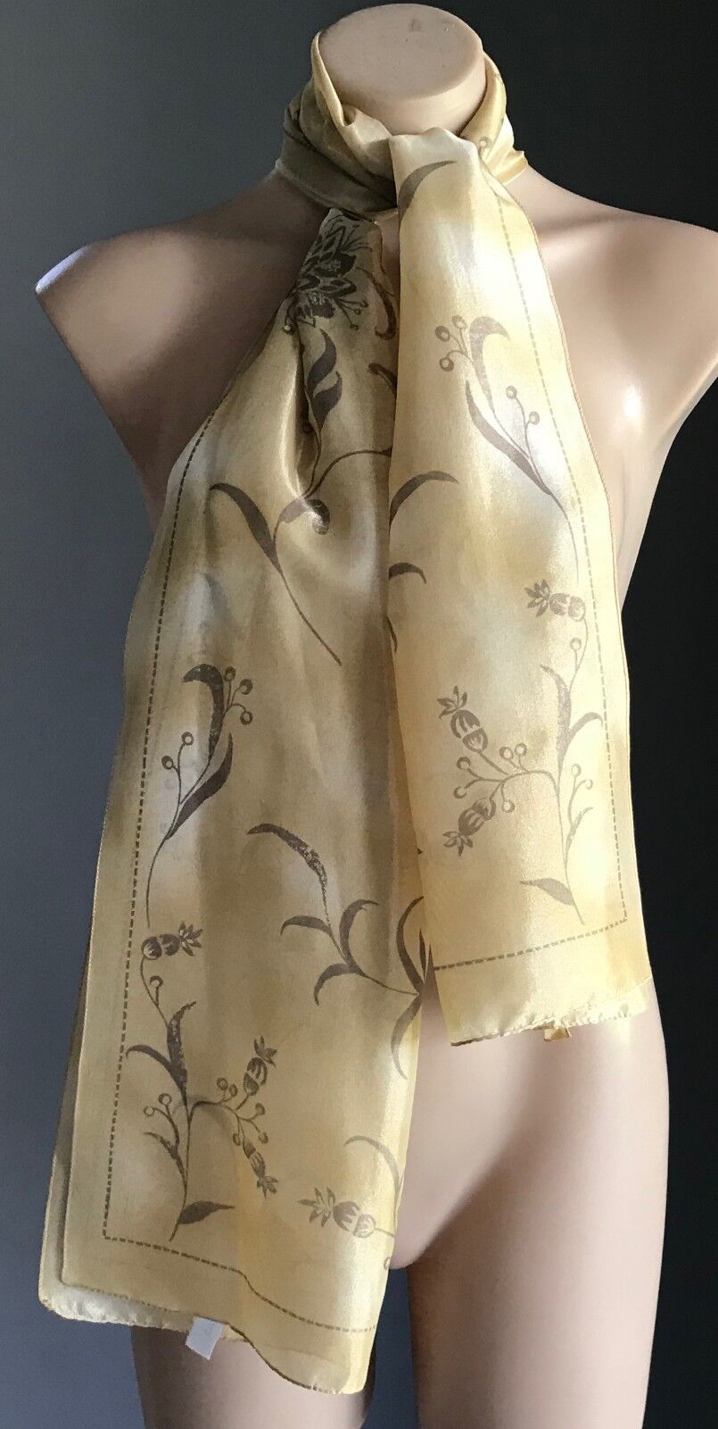 Vintage Semi Sheer Scarf Sandy Yellow Gold Taupe Floral Print Neck Wrap Shawl