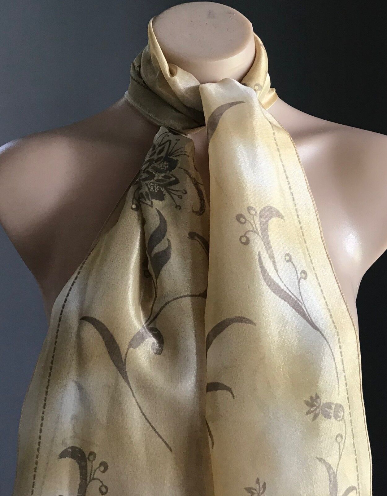 Vintage Semi Sheer Scarf Sandy Yellow Gold Taupe Floral Print Neck Wrap Shawl