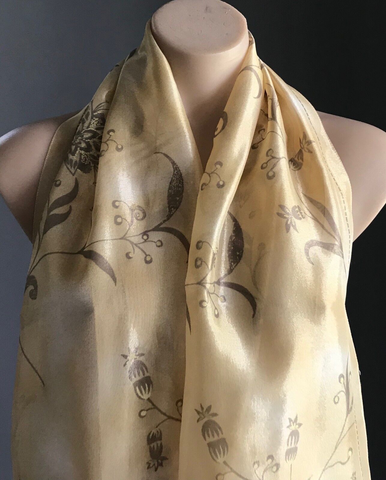 Vintage Semi Sheer Scarf Sandy Yellow Gold Taupe Floral Print Neck Wrap Shawl