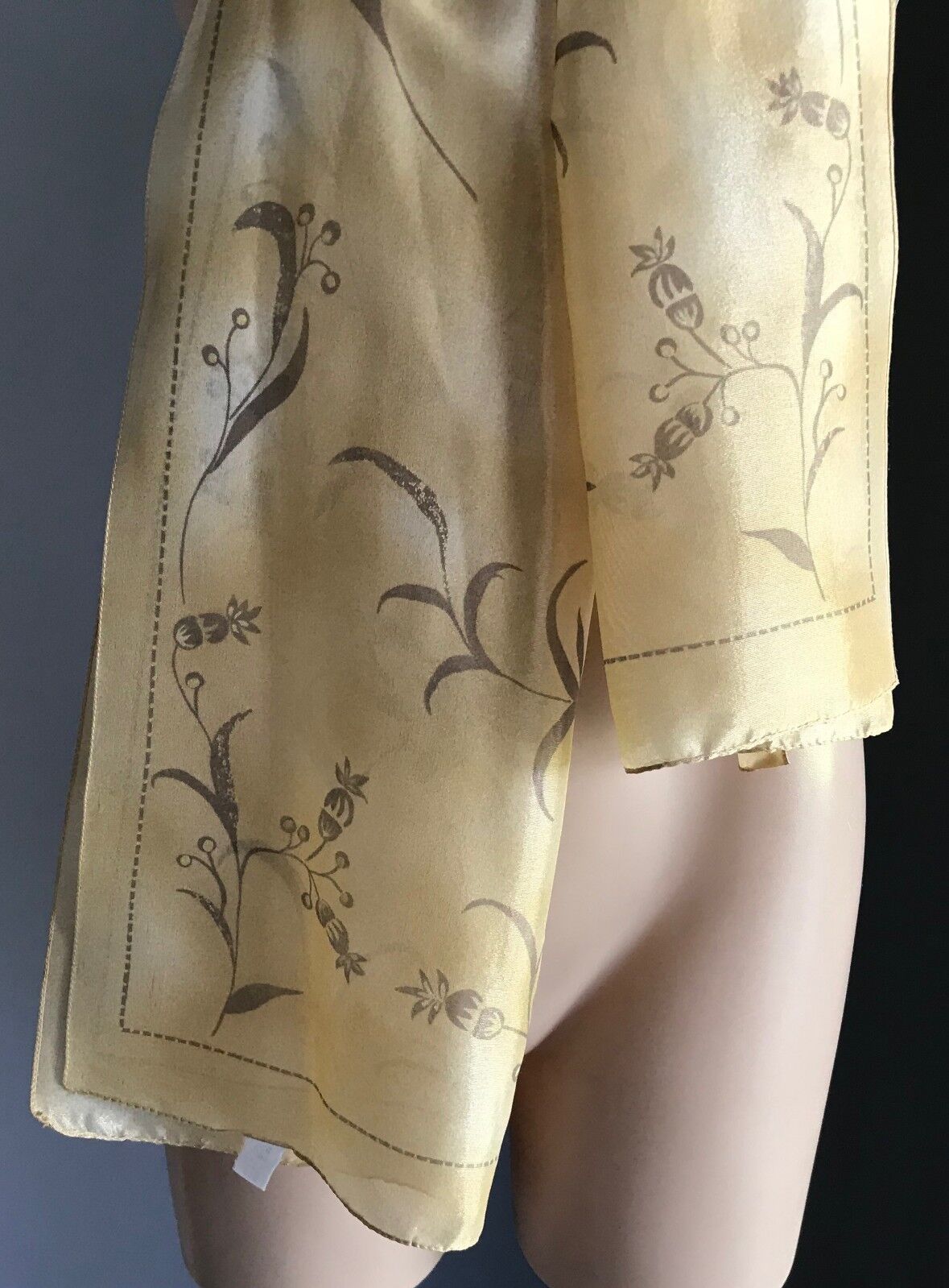 Vintage Semi Sheer Scarf Sandy Yellow Gold Taupe Floral Print Neck Wrap Shawl