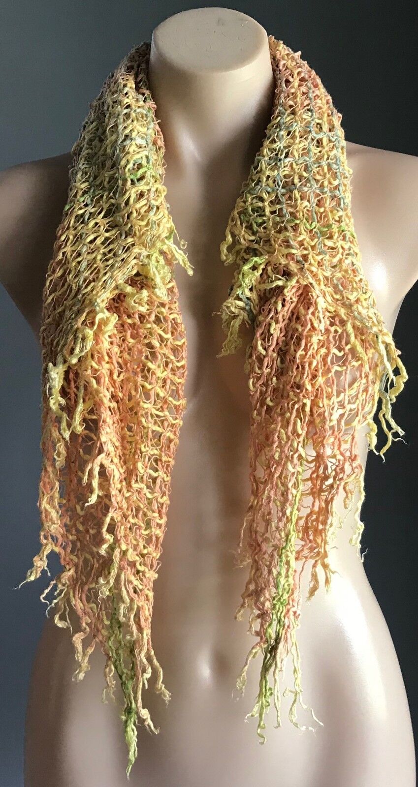 Square Neck SCARF Yellow Orange Green Open Knit Crochet Stitch Full Fringe Large