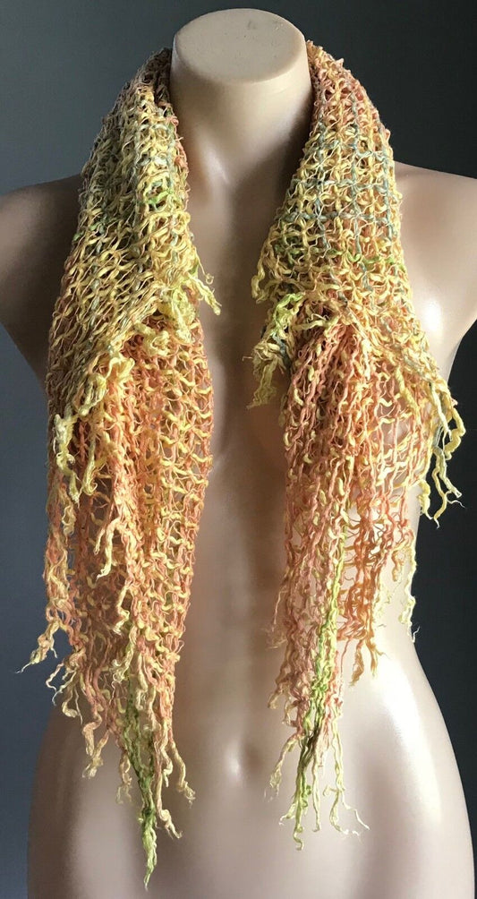 Square Neck SCARF Yellow Orange Green Open Knit Crochet Stitch Full Fringe Large