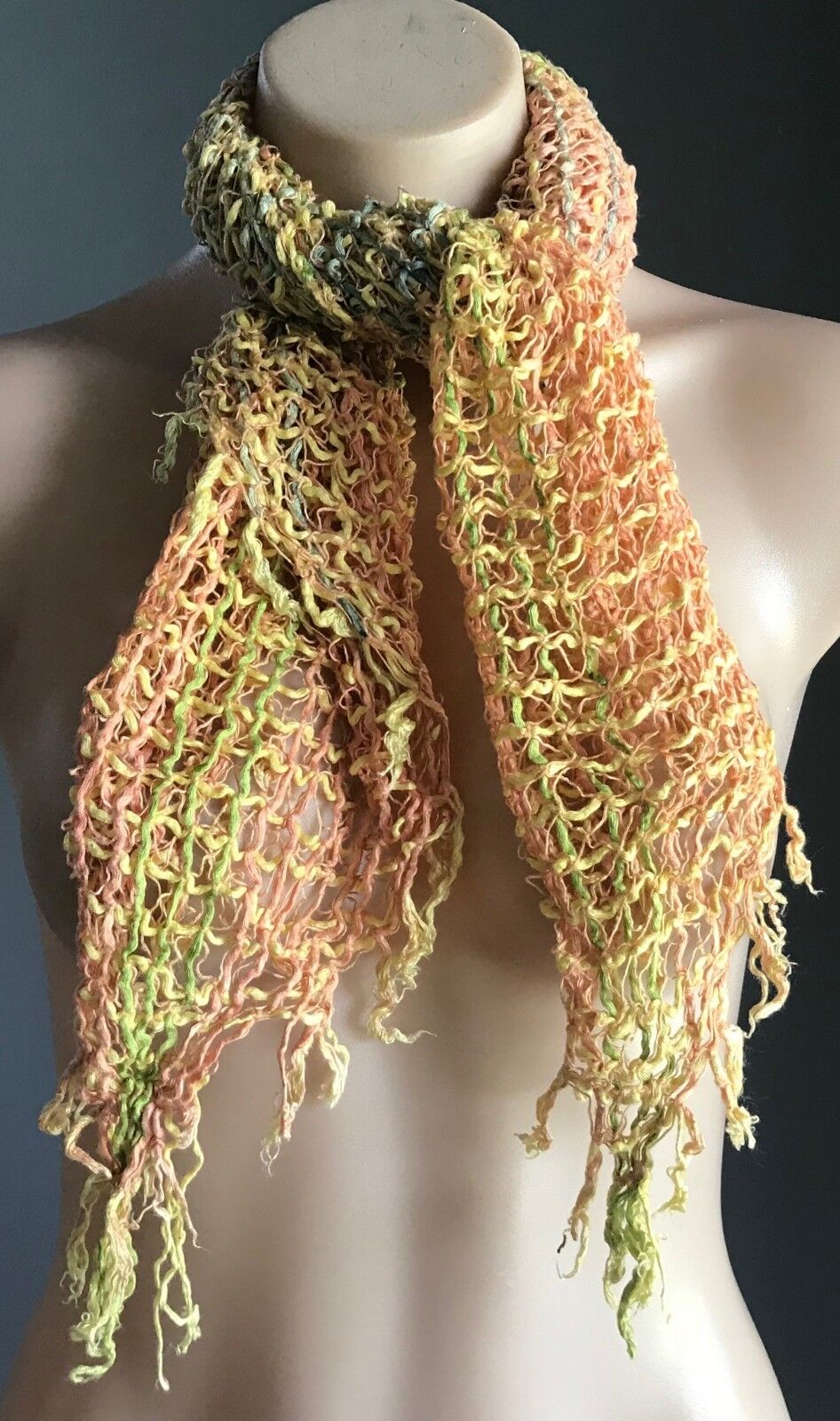 Square Neck SCARF Yellow Orange Green Open Knit Crochet Stitch Full Fringe Large