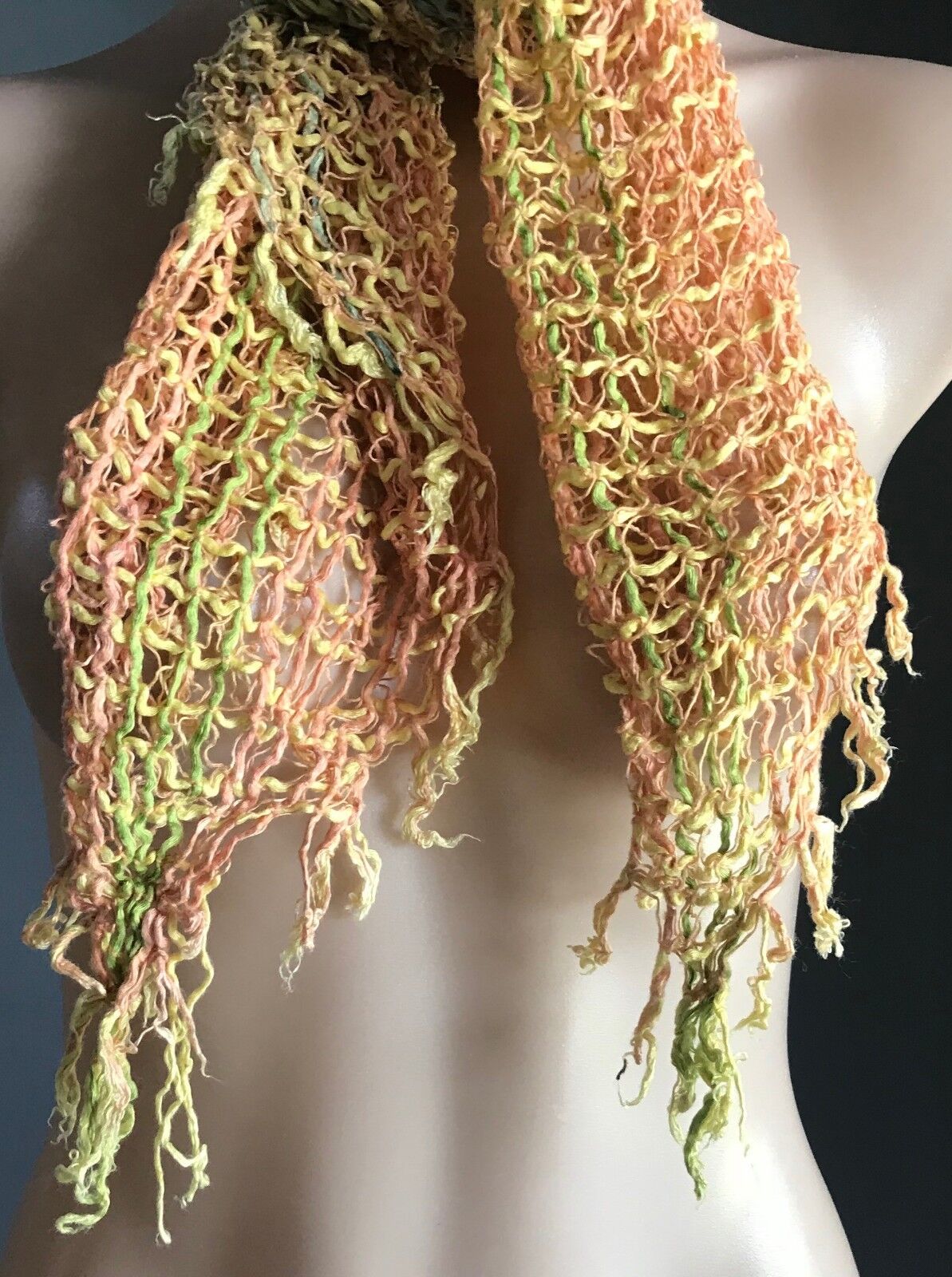 Square Neck SCARF Yellow Orange Green Open Knit Crochet Stitch Full Fringe Large