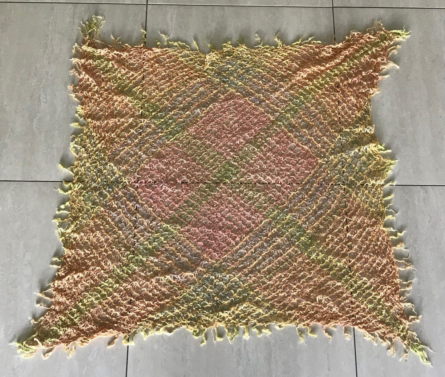 Square Neck SCARF Yellow Orange Green Open Knit Crochet Stitch Full Fringe Large