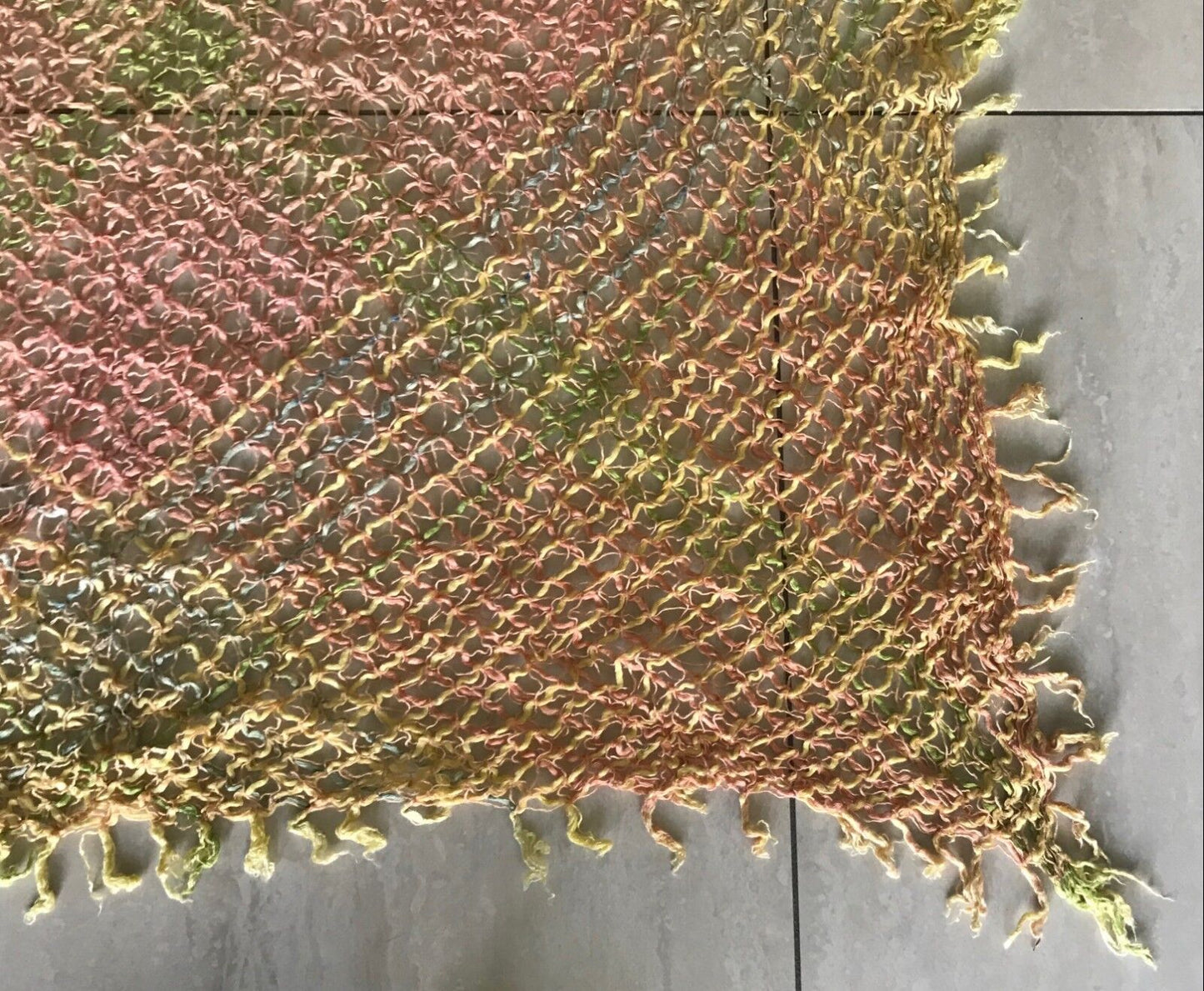 Square Neck SCARF Yellow Orange Green Open Knit Crochet Stitch Full Fringe Large