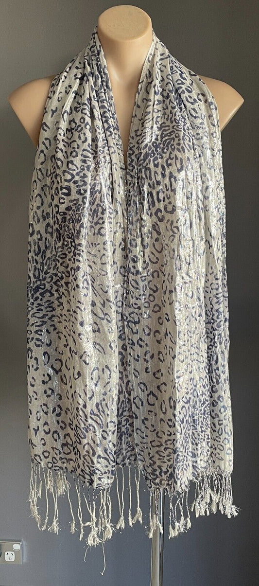 FRINGED Neck SCARF Rectangle Wrap Shawl Silver Thread w Blue Print