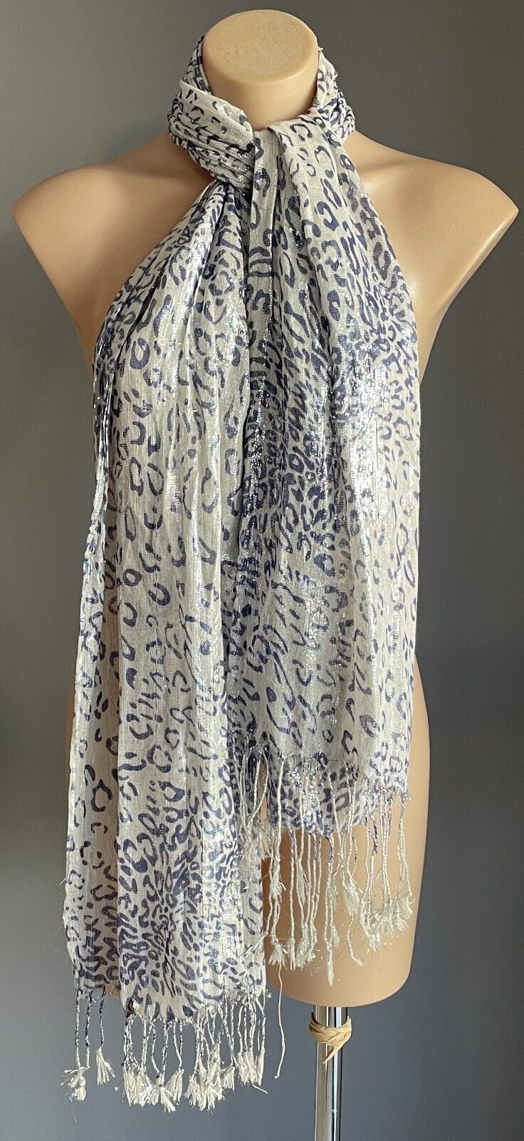 FRINGED Neck SCARF Rectangle Wrap Shawl Silver Thread w Blue Print