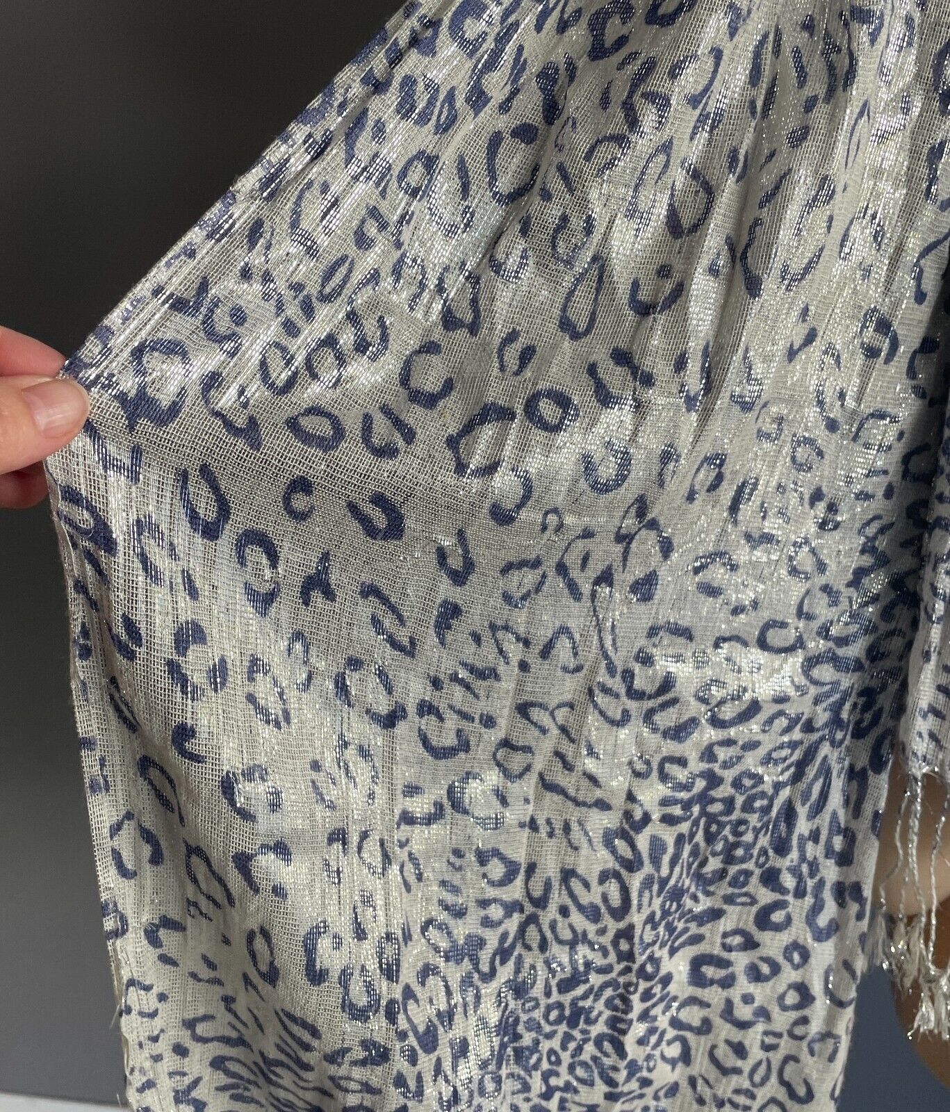 FRINGED Neck SCARF Rectangle Wrap Shawl Silver Thread w Blue Print