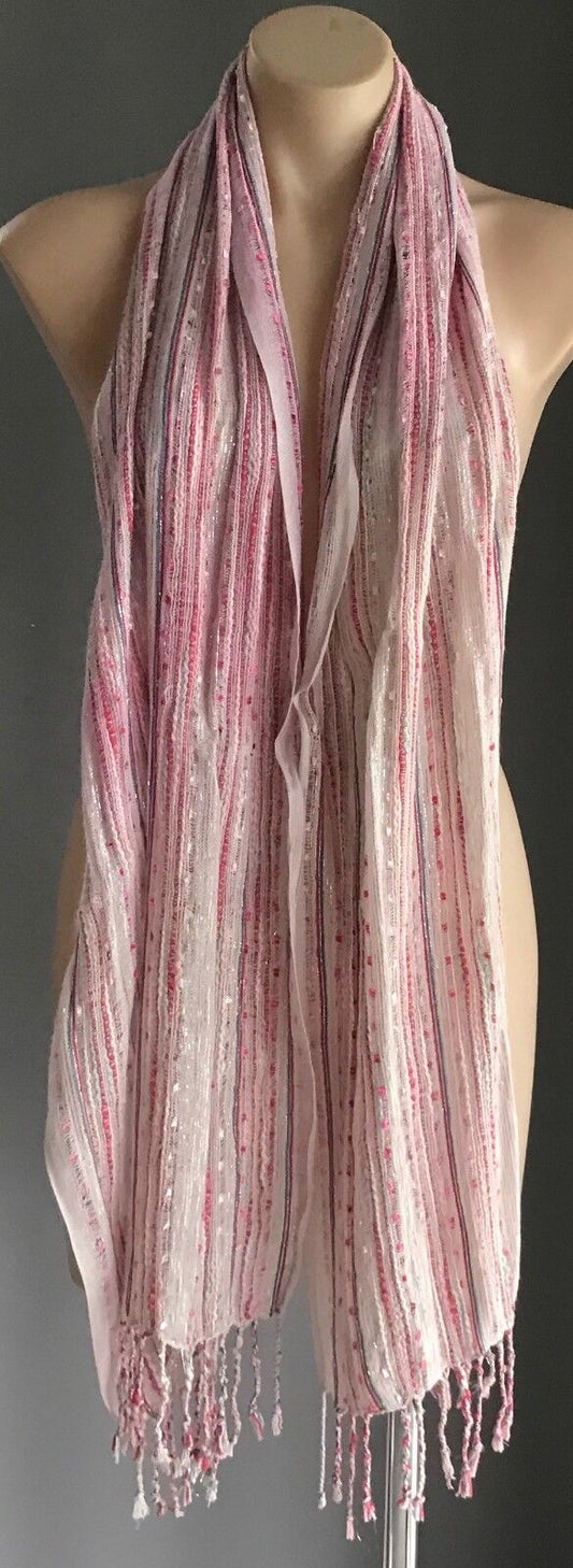 Fringed Neck SCARF Wrap Pastel Beige Silver Thread Ivory Pink Blue Stripe Shawl