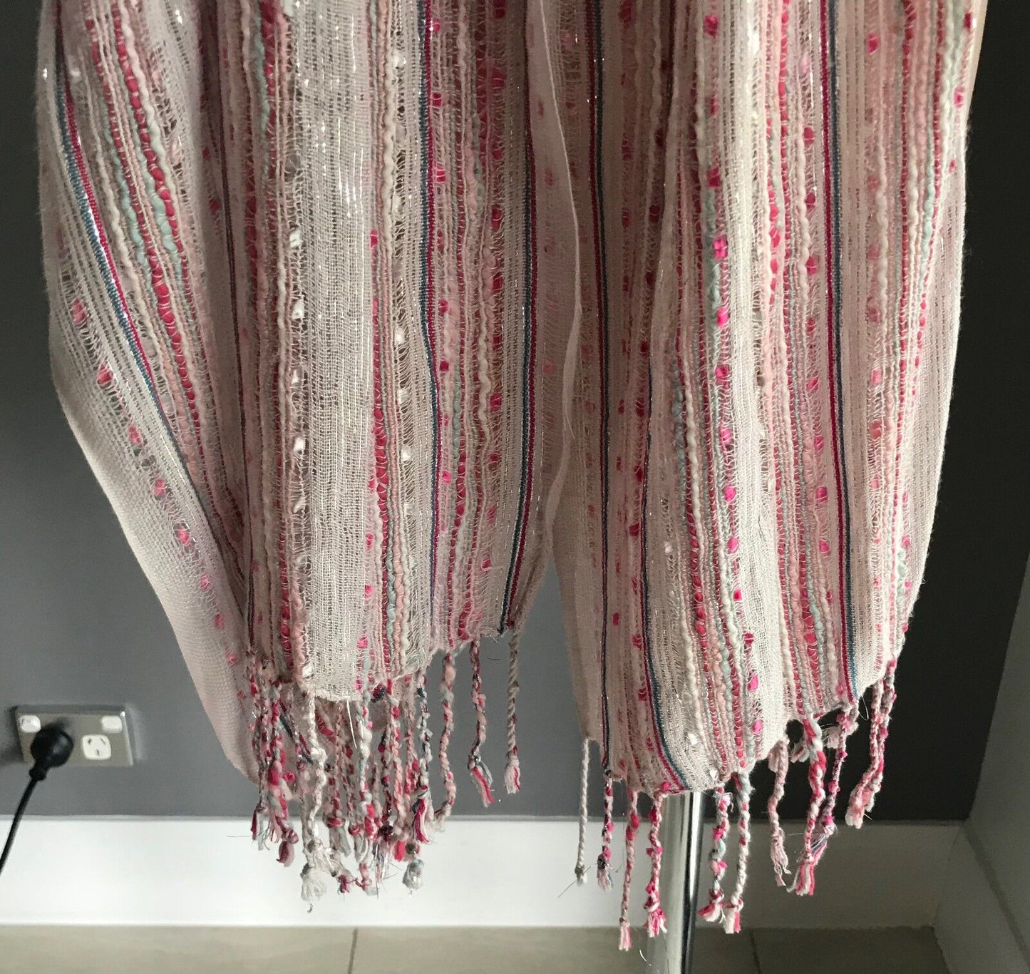 Fringed Neck SCARF Wrap Pastel Beige Silver Thread Ivory Pink Blue Stripe Shawl